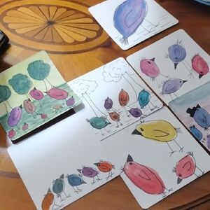7 Colorful Bird Art Watercolor And Ink Note Cards Handpainted